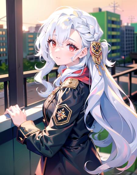 alpha_1918, 1girl, city,
hair ornament, red eyes,  long hair, white hair, curly hair, solo, 
siberian atmosphere,
<lora:siberian atmosphere:1> 
 <lora:alpha_1918:0.8>, (masterpiece, best quality), intricate details, 8k, artstation, wallpaper, official art, splash art, sharp focus