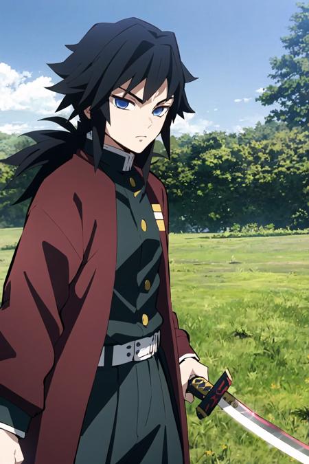 tomioka giyuu, demon slayer, 1boy, solo, upper body, nature, tree, grass, blue sky, katana, sword, holding katana, fighting stance, looking at viewer, long hair, blue eyes, black hair, standing, jacket, male focus, japanese clothes, black jacket, demon slayer uniform, <lora:Giyu_Tomioka:0.7>