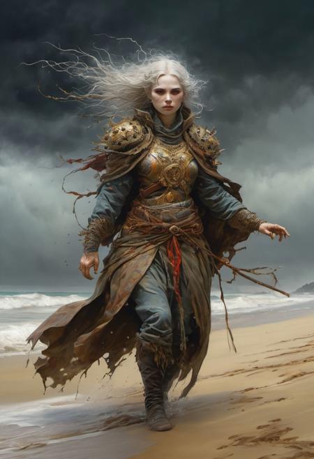 beautiful female merling-queen crawling from the tides onto the sand, visible dense storm with lightning in background, foggy, psychedelic, mysterious, delicate details, dynamic poster, concept art, complex, composition, UHD, digital illustration, colorful, dark fantasy ,digital painting, trending on artstation, sharp focus, studio photo, intricate details, highly detailed, by greg rutkowski, dark atmosphere, influenced by the styles of Anders Zorn and Pino Daeni, Aleksi Briclot, Jose Royo, Boris Vallejo, Julie Bell, Carne Griffiths and Brian Froud, Buck Brown, Russ Mills, Sakimichan, Wlop, Loish, Artgerm, Darek Zabrocki, Takato Yamamoto and Jean-Baptiste Monge,