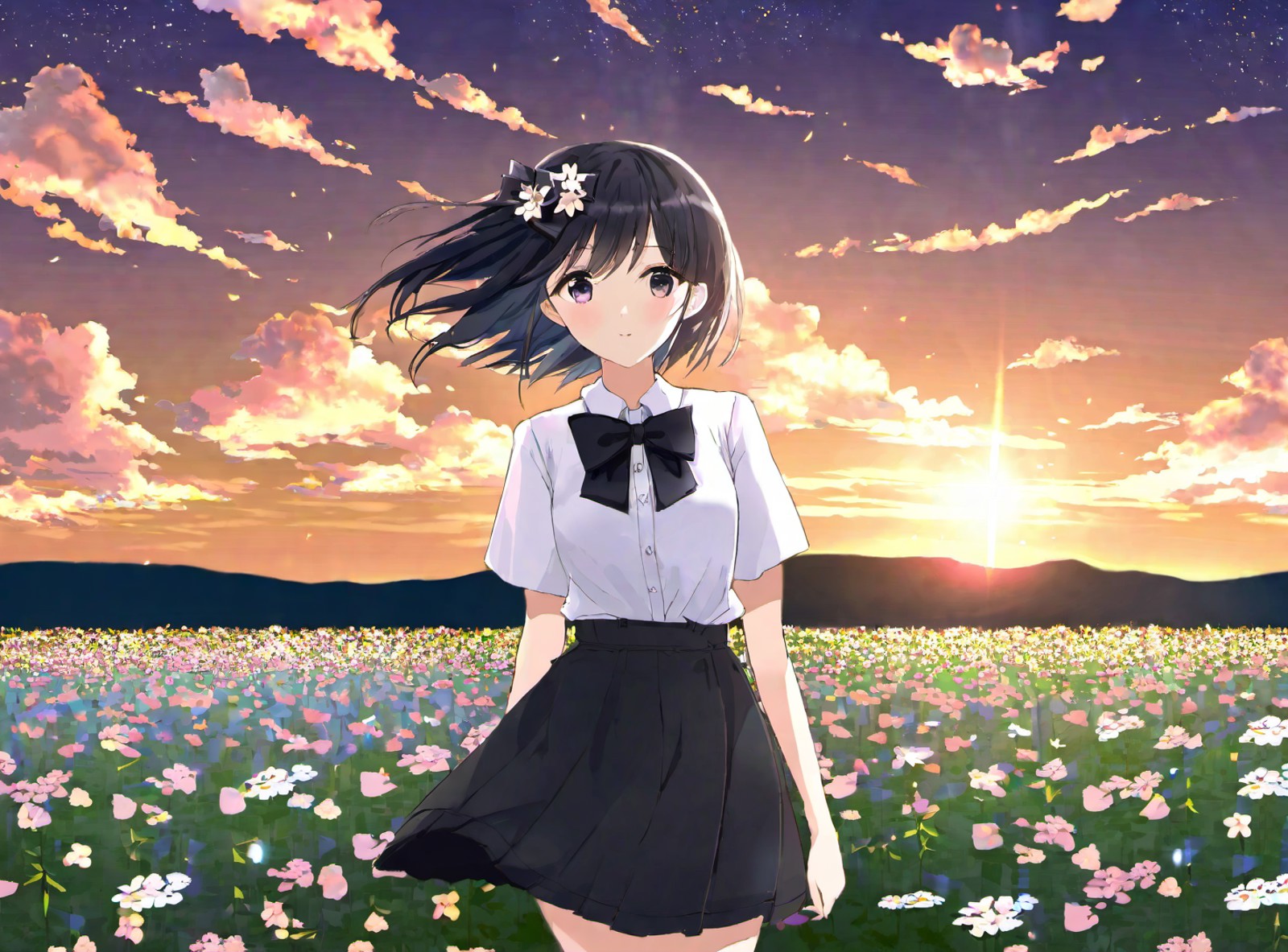 a young woman dressed in a white shirt and a black skirt, standing in a field of flowers. She is wearing a black bow tie a...