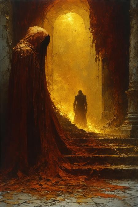 A gaunt, masked figure cloaked in tattered opera velvet emerges from gilded shadows of a decaying Baroque theater, elongated claws refracting sickly amber footlights. Low-angle framing magnifies his towering presence over a cowering silhouette reflected infinitely in shattered mirror shards beneath the stage. Gustave Doré’s chiaroscuro meets Beksinski’s surreal decay: cracked marble columns drip blood-crimson resin into pooling fog that whispers with ghostly libretto fragments. Luminescent moth-swarm halos clash with indigo voids, his porcelain mask half-melted to reveal smoldering marionette strings beneath. Velvet drapes billow as if breathing, their folds swallowing the victim’s fading scream.