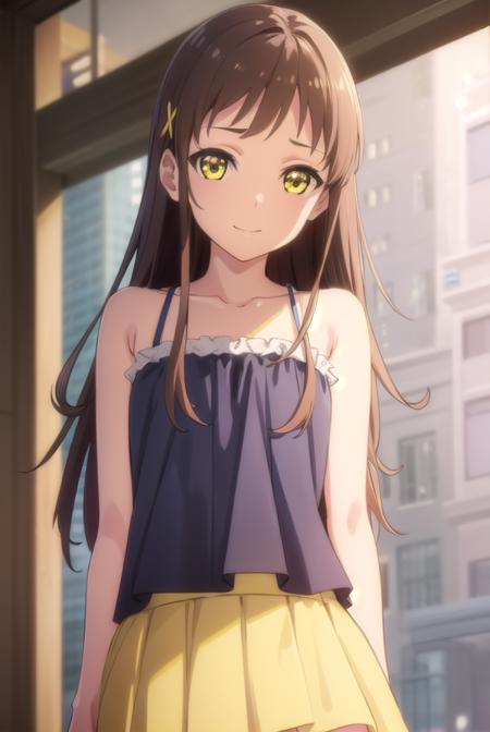 chie sayama, brown hair, (yellow eyes:1.5), hair ornament, hairclip, camisole, blue camisole, bare shoulders, collarbone, skirt, yellow skirt,