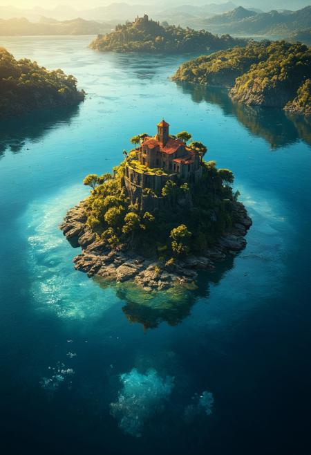 Breathtaking views, mystical place, detailed landscape, lighting, An island in the middle of the water, double exposure, water only, Reflection, clear and beautiful, sunlight, blue sky, day, beautiful view,  depth of field, masterpiece, best quality, 8k, ultra-detailed, very aesthetic, illustration, superb composition, finest details, intricate details, absurdres, high contrast, RAW, concept art, perfect composition, aerial view