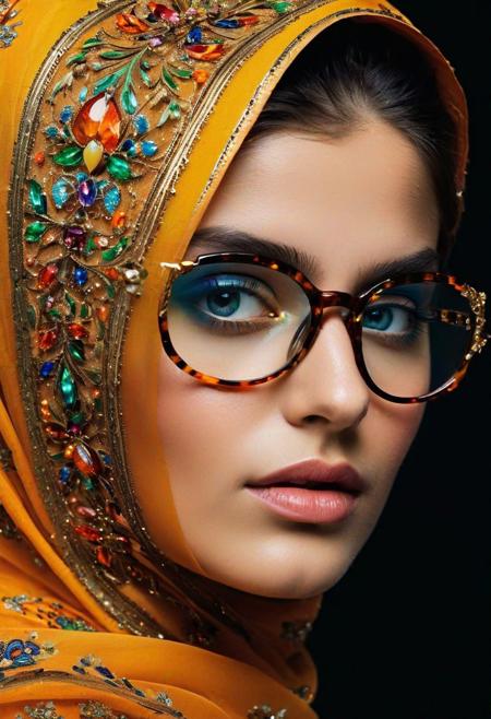 Persian color palette , Persian art, Persian girl, Persian, Iranian, Iran,WEARING DARK, SHINY GLASSES, BLACK BACKGROUND, folk costumes (Lina Cavalieri: 1,2) (8k, RAW photo, highest quality), hyperrealistic, intricate abstract, intricate artwork, abstract style, otherworldly, mesmerizing parallel dimension, gravity defies logic, abstract masterpiece, interplay of floating objects, distorted silhouettes, vivid hues, ethereal light, weightlessness in an unknown realm, non-representational, colors and shapes, expression of feelings, imaginative, highly detailed, extremely high-resolution details, photographic, realism pushed to extreme, fine texture, 4k, ultra-detailed, high quality, high contrasthanfu,clear face, Ultra High Resolution, wallpaper, 8K,Rich texture details, hyper detailed, detailed eyes, detailed background, dramatic angle, epic composition, SimplepositiveXLv1 (masterpiece, high quality, ), , , model photoshoot, , a stylish girl, (by Andreas Gursky:1,3)
