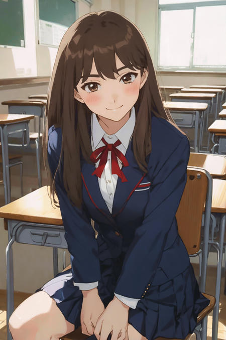 sanada_mitsuki, brown eyes, brown hair, long hair, hair ornament, school uniform, dark blue blazer, red neck ribbon, shirt, collared shirt, dark blue pleated skirt, black socks, brown shoes,, cowboy shot, school chair, school desk, classroom, sitting, smile, blush,