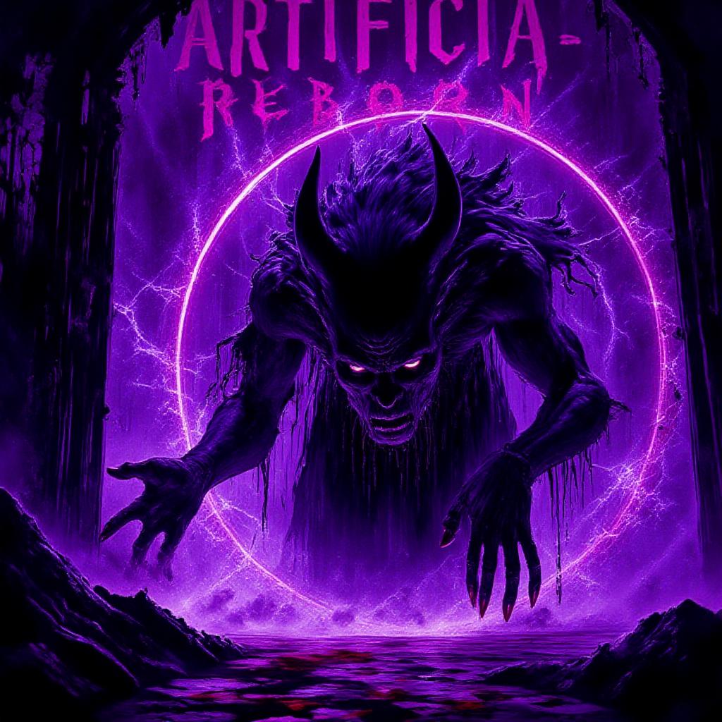 The text in oversized glowing font reads: "Artificial Reborn".,
A devil crawls through a hellscape,a glowing and crackling ring of power emanates around her form as she drags herself through an obsidian gate emanating a sickly neon purple and black. Her arms are clawing towards the viewer and her body is desperate for release,blood digging from beneath her fingernails. A dramatic masterpiece of a scene,realistically rendered with a haunting sensibility evoking visions of wonder,magic,and possibility with a sense of impending doom,as if a gorgeous creature is nearing an impending snare with a dark fantasy sensibility.,
<lora:ImageUpgraderV2:1>,<lora:sxz-Dark-Fantasy-v2-Flux:0.6>,<lora:Lovecraftian_Nightmare_Landscapes:0.6>,<lora:Cinematic_style:1>,