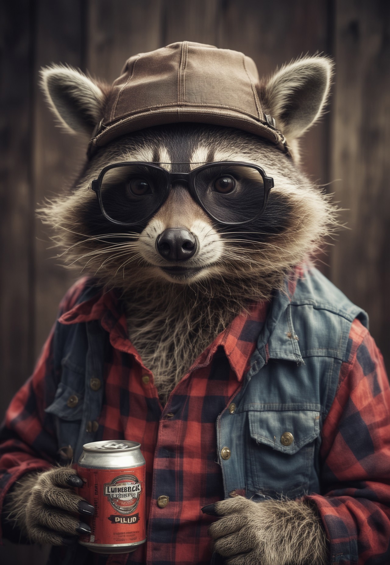 portrait of a racoon in a lumberjack outfit, holding a beer can, wearing pilot glasses, cool Attitude, little hat, desaturated, dramatic lighting, desaturated background, bokeh, dark theme, soothing tones, depth of field, dramatic backlighting, film grain,