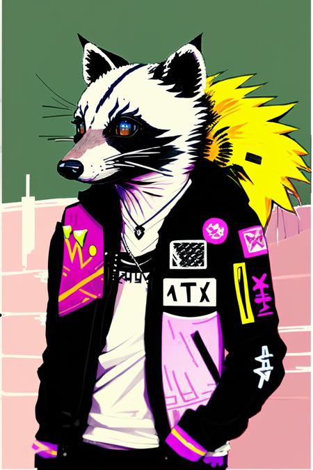 A punk-inspired raccoon with studded accessories and vibrant hair, skateboards down a busy street with graffiti-covered walls, capturing the energetic urban punk lifestyle:1.5, punk-inspired raccoon:1.2, studded accessories:1.2, vibrant hair:1.1, skateboards down street:1.1, graffiti-covered walls:1.1, energetic urban punk lifestyle:1.1. , anipunks