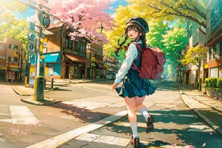 sign, road sign, outdoors, solo, skirt, brown hair, road, bag, socks, hat, backpack, shoes, scenery, sunlight, tree, traffic light, brown footwear, school uniform, dappled sunlight, street, day, long hair, flower, white socks, petals, loafers, looking at viewer, looking back, brown eyes, shirt, braid, white shirt, cherry blossoms, standing, sweater vest, blue skirt, open mouth, glasses, smile, ground vehicle, black skirt, running, long sleeves, beret, utility pole, crosswalk, standing on one leg<lora:airconditioner:1>