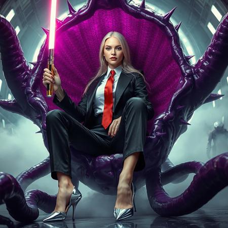 slender arrogant cold  russian blonde lady wearing  rich black glossy satin business trouser suite with lace inserts, small size opulent  glossy high heels, white shirt, red silk tie, jewels, elegant small light saber, entangled in long tentacles, sitting in giant purple alien carnivorous flower with glossy spiked petals, covered with giant ultrathin transparent glossy slime veils,  giant portal to outer space, fog from the floor,  empire spaceship hangar, surrounded by halo odst troopers, vogue fashion look, hollywood  makeup, porcelain skin, long haired, ultrathin waisym reminiscent of H.R. Giger, Zdzisław Beksinski, and Ash Thorp's dark, sleek styles, with close-up glamour photography, glossy satin and silver heels glistening, fleshy slime dripping, and dark shadows.