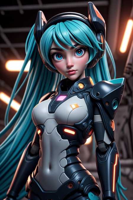 cgmech, beautiful eyes, upper body, underboob,  portrait, robot, armor, Hatsune Miku, neon light, 8K, RAW, best quality, masterpiece, ultra high res, colorful, (medium wide shot), (dynamic perspective), sharp focus , (depth of field, bokeh:1.3), extremely detailed eyes and face, beautiful detailed eyes,large breasts,(black gold, trimmed gear:1.2),(In a futuristic weapons factory:1.2), ((masterpiece, best quality)), <lora:more_details:0.3> Detailed background, spaceship interior  <lora:nijiMecha:0.5>