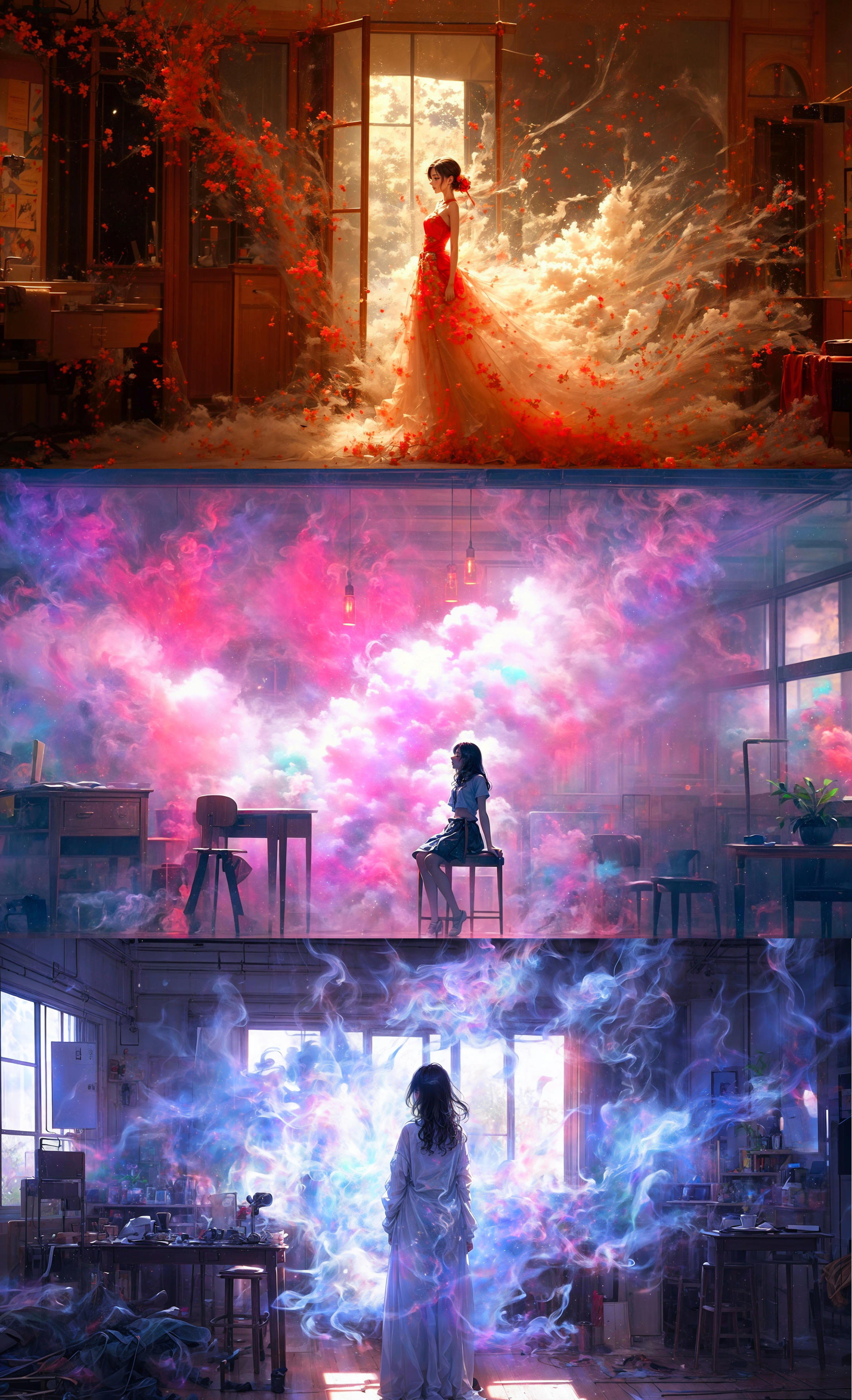 A collage of artistic images featuring a girl in a dress and smoke, with various colored backgrounds and a room with chairs and a dining table.
