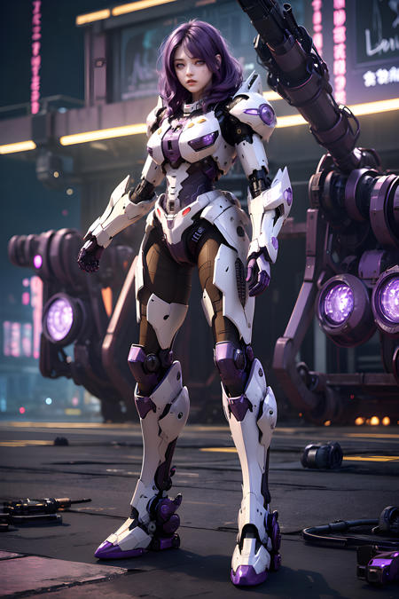 mecha girl (purple eyes:1.5)),masterpiece,(best quality:1.3),ultra high res,raw photo,detailed skin,beautiful lighting,(realistic,photo-realistic:1.4),1girl,Mecha,(Neon Light:1.2),Combat Background,(Night:1.5),Cyberpunk,(Clear background:1.3),(((full body))), front view,