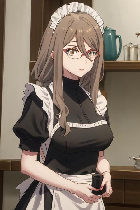 best quality, masterpiece, highres, solo, {maid:1.40}, {long maid dress:1.15}, {nakahara_mizuki_lycorisrecoil:1.15}, brown_hair, long_hair, glasses, red-framed_eyewear, hair_between_eyes, brown_eyes, semi-rimless_eyewear