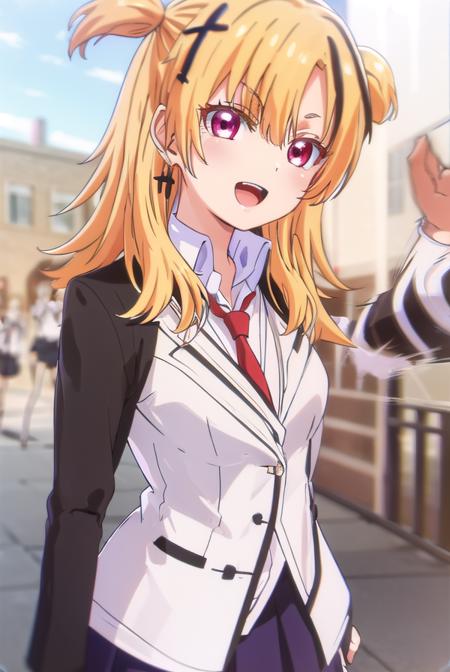 somalilonghaired, <lora:somali longhaired s1-lora-nochekaiser:1>,
somali longhaired, long hair, blonde hair, hair ornament, (red eyes:1.3), two side up, cross hair ornament, smile, open mouth,
BREAK skirt, shirt, thighhighs, jewelry, school uniform, jacket, pleated skirt, earrings, necktie, striped, pants, black skirt, blazer, red necktie, (white jacket:1.5),
BREAK indoors, classroom,
BREAK looking at viewer, (cowboy shot:1.5),
BREAK <lyco:GoodHands-beta2:1>, (masterpiece:1.2), best quality, high resolution, unity 8k wallpaper, (illustration:0.8), (beautiful detailed eyes:1.6), extremely detailed face, perfect lighting, extremely detailed CG, (perfect hands, perfect anatomy),