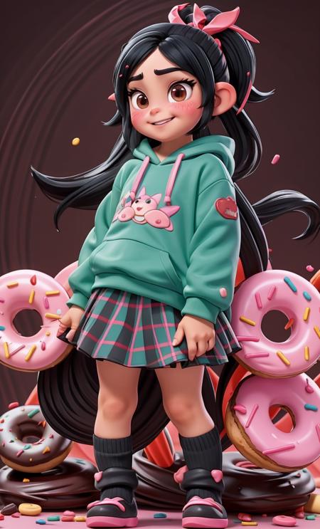 1girl, <lora:Vanellope_von_Schweetz:1> Black hair with colored sprinkles, red ribbon, teal hoodie, large brown eyes, pointy ears, pink blush on cheeks, content expression, skirt, mountain candy, donuts car, chocolate city, standing, full body, (child:1.2)