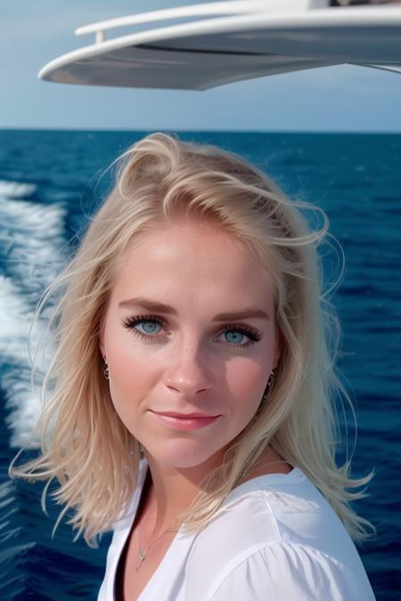 raw photo of a woman, perfect face, perfect day, [happy to see you], on a yacht at sea, center frame, upper body, sharp focus, 8k uhd