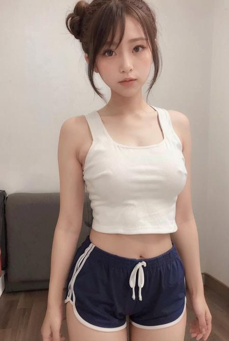 (best quality:1.4), (ultra highres:1.2), (photorealistic:1.4), (8k, RAW photo:1.2), (girl  hair with bun ), sexy pose, (wearing tank top and Binding Shorts:1.3), <lora:koreanDollLikeness_v10:0.3> ,  (natural light)<lora:BindingShortsV1:0.8>