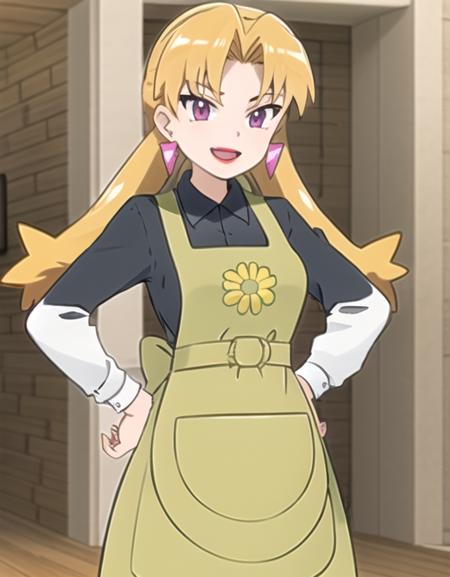 <lora:CassidyPkmn:0.7> CassidyPkmn, 1girl, solo, looking at viewer, smile, open mouth, shirt, long sleeves, jewelry, standing, white shirt, earrings, collared shirt, indoors, apron, hand on hip, makeup, lipstick, wooden floor