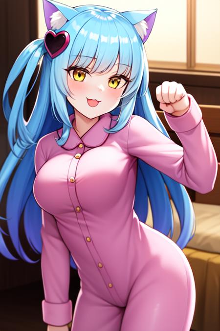 masterpiece, best quality, 1girl, indoors, bedroom, kigurumi, animal ears, cat ears, pink onesie, pajamas, paw pose,  smile, open mouth, (:3:1.1), blush, long hair, light blue hair, gradient hair, purple hair, two side up, yellow eyes, heart hair ornament, cowboy shot   <lora:queenofhatred_2385:0.8>