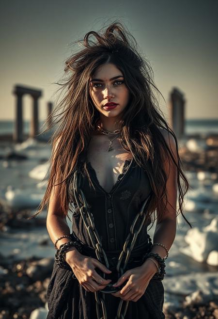 (Photography by Mario Giacomelli:1.2), photo of A beautiful Persian goddess, looking a viewer, 1 girl, melting, moody, messy long hairs, burning clothes, she is chained like Prometheus, prisoned, armed and legs are chained, neck is chained, big chains,Influenced by Baroque and surrealist styles, NSFW, fire, ocean, iceberg, burning, torture, sunlight, wound, outdoors, random hairstyle, ruined temples