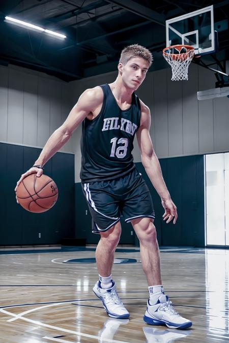 (basketball gym), high ceiling, (hardwood floor), (basketball court), sweaty JackHarrer is a basketballplayer, sweaty gray  tank top, shorts, white socks, black sneakers, basketball, dynamic movement, dribbling, (((full body portrait))), wide angle  <lora:Clothing - Sexy Basketball Player:0.7>  <lora:JackHarrer:0.8>