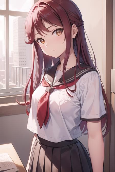 rikosakurauchi, <lora:rikosakurauchi-lora-nochekaiser:1>, 
riko sakurauchi, (brown eyes:1.5), hair between eyes, long hair, (red hair:1.5), (small breast:1.2), 
BREAK grey skirt, neckerchief, pleated skirt, red neckerchief, school uniform, serafuku, shirt, short sleeves, skirt, white shirt, uranohoshi school uniform,
BREAK looking at viewer, 
BREAK indoors, classroom, 
BREAK <lyco:GoodHands-beta2:1>, (masterpiece:1.2), best quality, high resolution, unity 8k wallpaper, (illustration:0.8), (beautiful detailed eyes:1.6), extremely detailed face, perfect lighting, extremely detailed CG, (perfect hands, perfect anatomy),