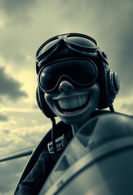 Character in the style of Gorillaz's Demon Days album|grey sky background|stark contrast|((pilot helmet))|eyes covered with dark glass frame|(style:1.5). Big mouth, smiling, wide smile, mouth wide open,
Riding plane, cloudy sky, grey sky, dark cloud, falling plane, full plane on screen,
Full view, zoom out, 
masterpiece, best quality, detailed, realistic, 8k UHD, high quality, lifelike, precise, absurdres, rendered in a cinematic, HDR style, 8K resolution
masterpiece, best quality, detailed, realistic, 8k UHD, high quality, lifelike, precise, vibrant, absurdres, SimplepositiveXLv1, sfw <lora:xl_more_art-full-beta1:0.7>