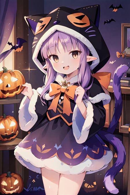 (masterpiece:1.3),(best quality:1.3),incredibly absurdres,ultra detail,
<lora:kyouka333-000009:0.8>,kyouka_halloween,animal hood,bangs,capelet,cat hood,elf,fur trim,fur-trimmed hood,hood,hooded capelet,kyouka \\(princess connect!\\),long hair,pointy ears,purple hair,fur-trimmed capelet,twintails,black capelet,bow,jingle bell,purple bow,fur-trimmed sleeves,tail,very long hair,animal ears,cat ears,fake animal ears,long sleeves,tail bow,tail ornament,cat tail,wide sleeves,black dress,black jacket,brown eyes,dress,jacket,orange bow,black skirt,skirt,tail raised,cat girl,fur-trimmed dress,
cowboy shot,blush,(halloween:1.3),indoors,smile,