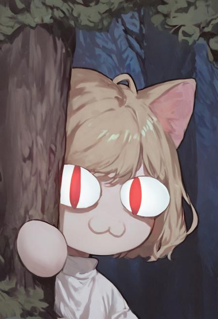 score_9, score_8_up, score_7_up, solo, peeking out, upper body, hiding behind tree, night, horror \(theme\), forest, necoarc, glowing eyes, cat ears, blonde hair, red eyes, chibi, :3, white shirt, turtleneck,  looking at viewer