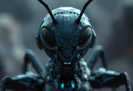 "High-res 4K depiction of a Cyber Raider with an ant's head, emphasizing vivid blue eyes and antennae. The ant's head is the central focus, with a dark blue Cyber Raider body in the foreground. The image boasts exceptional quality, lifelike details, sharp lines, harmonious colors, and a captivating matte painting. A dynamic action pose, vivid emotions, and a powerful message are showcased with the help of Octane Render and Unreal Engine 5. A trending masterpiece on Artstation and CGSociety, created in the style of Greg Rutkowski."