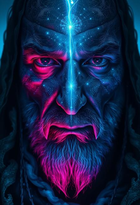 A symmetric portrait of a male, evil frozen necromancer, features dissolving into frozen magic thin, luminescent blue lines. Weighted Voronoi stippling and laser caustics create a network, transitioning from hyperrealistic detail to abstract, quantum-inspired forms. Ethereal hues blend, evoking existential transition and mystery. Close-up on face, evil skull partially visible. Set against a twilight arctic backdrop, icy winds ripple through his tattered robes. Rendered in a fusion of photorealism and digital surrealism, the scene is illuminated by ghostly Northern Lights. Emphasis on cold, menacing atmosphere, invoking Nordic myths