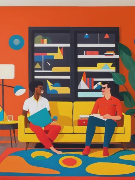 <lyco:JoshAgle:1.0> A couple sitting on their couch in their living room, midcentury modern decor, by Josh Agle