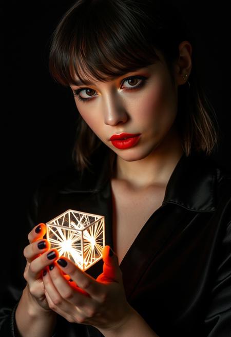 Detailed full body editorial photography,a pitch-black hypercube with no lighting curtain bangs hair and brown eyes eyeliner eyeshadow looking curiously at her hands cupped in front of her holding on to a small hypercube that emits light with the radiance of a thousand suns with half square ricocheting solar filaments , slightly grimacing,  sharp in-focus portrait, dark satin shirt with plunging neckline, sharp focus, digital art, dynamic pose, detailed fashion photography, medium format film effect, deep shadows, oversaturated