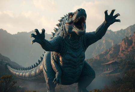 Blue Dogoran Kaiju roaring in Hidden Springs, Far East. Playful dinosaur, open mouth, outstretched arms. 4K, matte painting, octane render, Unreal Engine 5, Raphael style, Houdini style, dynamic dramatic cinematic lighting, trending on Artstation, CGSociety, hyperdetailed, 16K, cinematic, excellent composition, aesthetic, golden ratio.