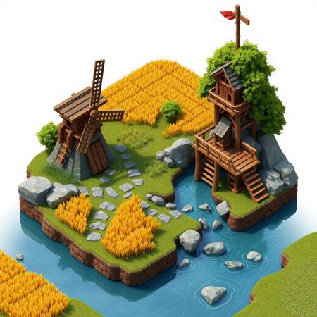 3D isometric mini world based on heroes of might and magic 3, homm3, river, watermill, wooden watch tower, wheat field, stone pathway, clouds