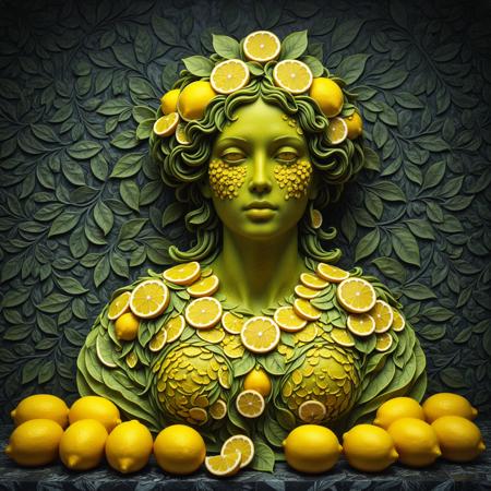 masterpiece, best quality, newest, absurdres, highres, full body, green and red theme, sharp outlines, high contrast, masterpiece, detailed background, insanely detailed, safe rating,  wl_lemons, museum, picture gallery, antic statue, picture of lemon garden  , , billowing folds, shadowy tones, , , , , , warm ethereal glow, , , textured composition, mysterious beauty, , individual petal details, , , contemplative atmosphere, surreal artistry, high contrast tones, , , hyper-detailed natural motifs, vibrant yet subtle palette, , , mystical serenity, , ,, <lora:When_Life_Gives_You_Lemons-000005> <lora:dmd2_sdxl_4step_lora_fp16>