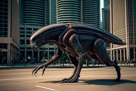 cinematic film still of  <lora:xenomorph style SD1.5:1>
Xenomorph,full body, side view, endoparasitoid extraterrestrial species,solo,open mouth,teeth,tongue,blurry,no humans,blurry background,fangs,sharp teeth,monster,realistic,alien , horror themed, dark themed, cinematic, film still, xenomorph style, shallow depth of field, vignette, highly detailed, high budget, bokeh, cinemascope, moody, epic, gorgeous, film grain, grainy, background KLCC, Malaysia Street,