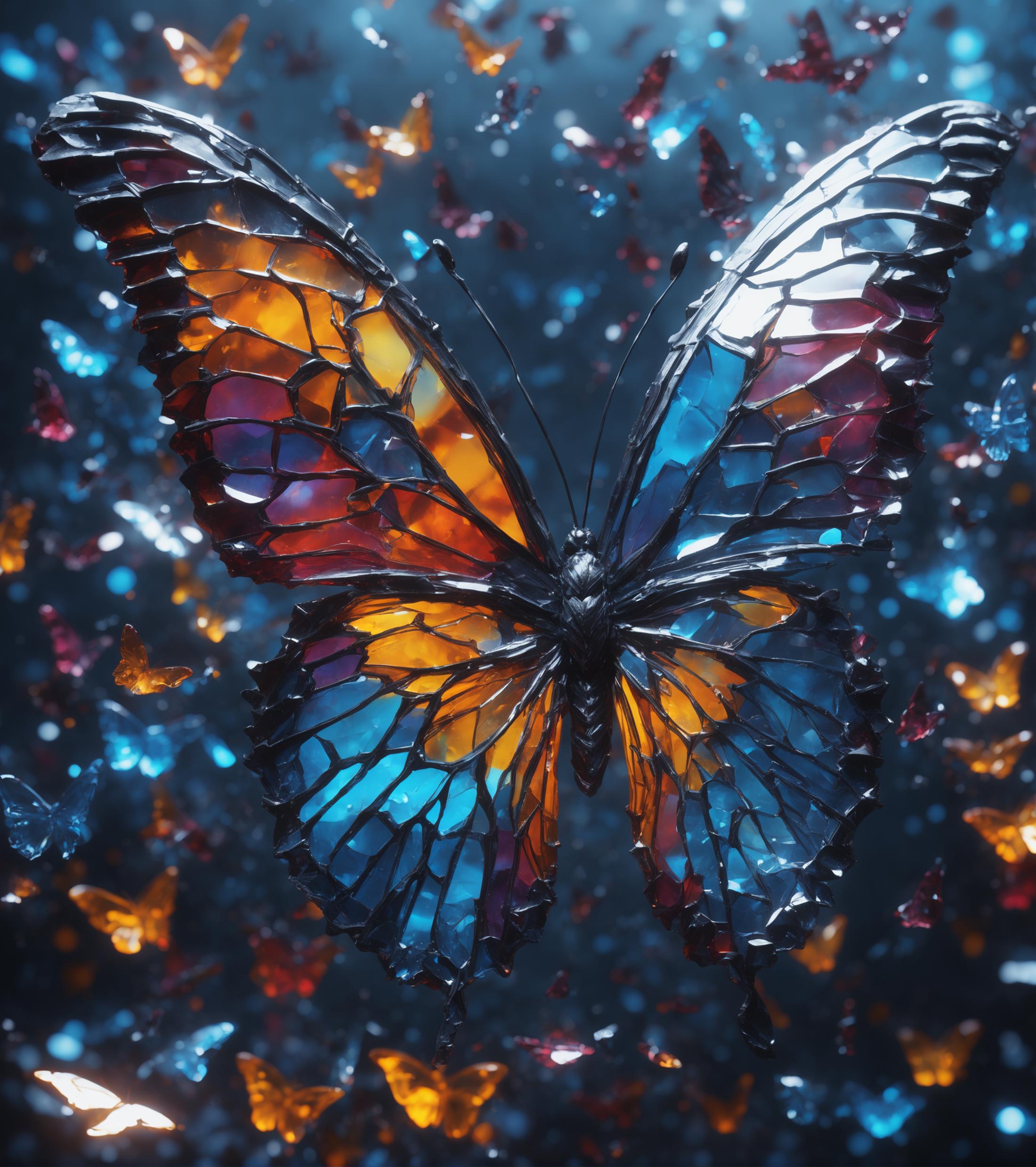 A Colorful Butterfly with Rainbow Wings and Blue Body Flying in the Sky