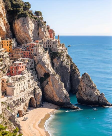 Style-Italy (RAW) a beach with a cliff and a body of water in the middle of it with buildings on the cliff