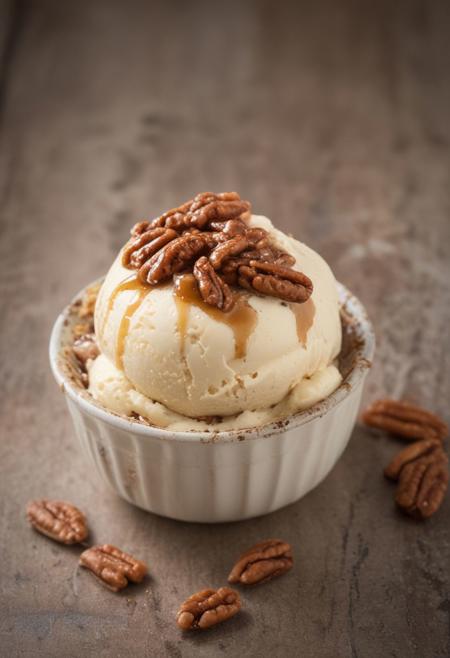 RAW photo, pecan pie ice cream, hot summer day, food photo, DSLR, soft lighting, high quality, film grain, Fujifilm XT, classic ramekin, pecan pieces and caramel drizzle garnish
