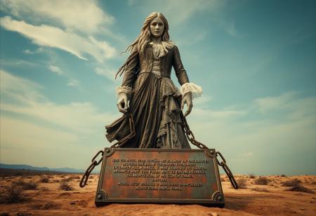{
"prompt": "In the heart of a desolate landscape, a colossal statue rises, half man, half woman, their body fractured and rattling from the pain of a broken soul. Dressed in a decaying 1700s costume, the intricate lace and embroidery have long been worn by time. Their long, wild hair flows down, further symbolizing their inner chaos. The figure’s feet are shackled to the ground by thick, unyielding chains, locking them in place, a metaphor for their eternal torment.
Their face is etched with suffering, eyes hollow and filled with sorrow. At the base of the statue, instead of cardboard, a large, weathered bronze plaque rests, its surface rusted and pitted with age. The ancient metal is corroded, its edges jagged and uneven, yet the engraving is still legible: 'di vizi ricco e di virtù, do lode alla ragion, ma corro ove al cor piace: morte sol mi darà fama e riposo.' The words, though eroded by time, gleam faintly in the dim light, adding a timeless weight to the message.
The rust on the plaque flakes away in places, giving it an ancient, almost sacred feel, as if it has stood there for centuries, bearing witness to the statue’s suffering. The landscape around is barren, with dark, swirling clouds above, and the wind howls softly, adding an air of desolation. The rusted bronze sign, old and worn, is a symbol of both endurance and decay, mirroring the endless torment of the chained figure above it."
}