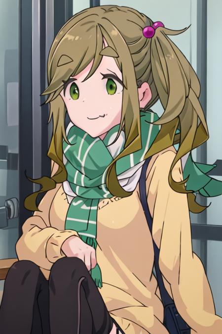 best quality, masterpiece, highres, solo, {inuyama_aoi_yurucamp:1.15}, thick_eyebrows, long_hair, fang, skin_fang, brown_hair, green_eyes, smile, closed_mouth, side_ponytail, hair_ornament, hair_bobbles, 1girl, closed_eyes, scarf, fang_out, facing_viewer