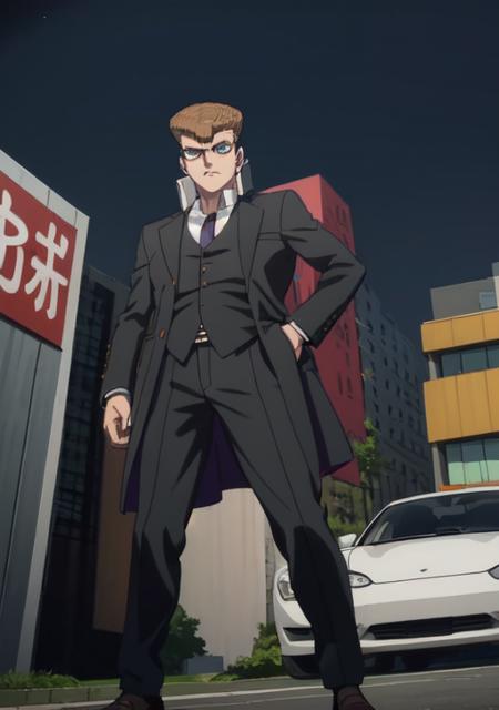 masterpiece, best quality, owada mondo, 1boy, pompadour, brown hair, purple eyes, black suit, business suit, sunglasses, night, full body, standing in front of black car, from below, muscular, <lora:Mondocolab-11:0.65>