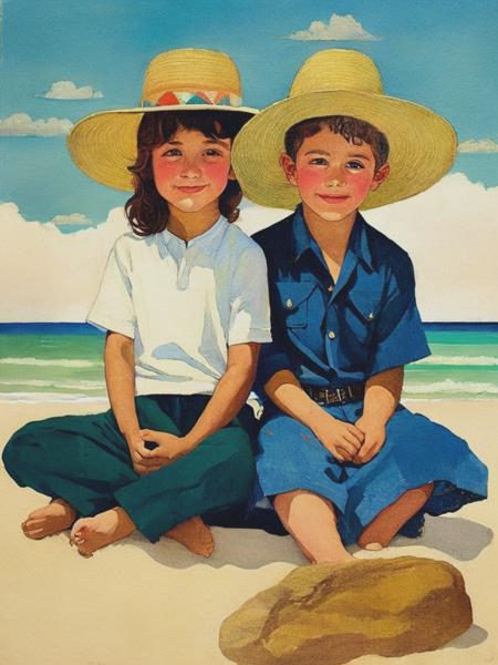 <lyco:JessieWillcoxSmith:1.0> boy and a girl sitting on the beach in the style of Jessie Wilcox-Smith, mixed media on illustration board