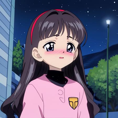 masterpiece, highres, daidouji_tomoyo, outside, casual clothes, starry sky, night, beautiful scene, blush, black hair