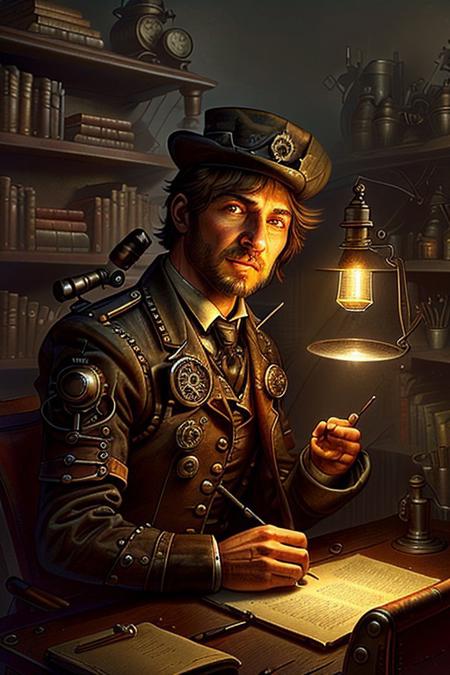 score_9, score_8_up, score_7_up Portrait of a young handsome male steampunk detective sitting at a cluttered desk, focusing on his intense expression. He has a serious look, and wears a dark Victorian coat. The lighting is warm from a single flickering oil lamp on the desk, casting shadows across his face. The background is blurred, with only hints of gears and bookshelves. The scene is richly detailed in sepia tones, creating a mysterious, close-up, waist-up composition