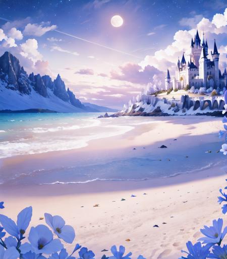 castle, flowers, delicate scene, sky,white clouds,and sunlight shine on the snow-white beach. flowers roses and shiny large shells, diamond crystal, on the beach, fantasy, sky night , moon, smoke , fire, photo, HD, 8K ,