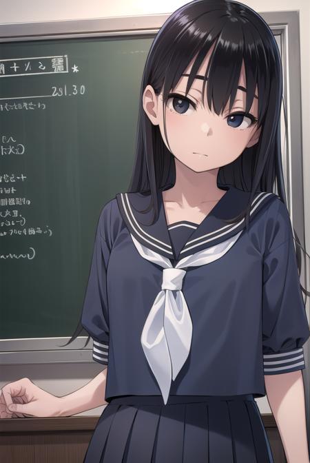 sakiyoshida, <lora:sakiyoshida-lora-nochekaiser:1>,
saki yoshida, long hair, hair between eyes, (black eyes:1.5), black hair,
BREAK skirt, pleated skirt, serafuku, shirt, (blue shirt:1.2), long sleeves, long skirt, blue skirt, blue sailor collar, sailor collar, neckerchief, red neckerchief,
BREAK indoors, classroom,
BREAK looking at viewer,
BREAK <lyco:GoodHands-beta2:1>, (masterpiece:1.2), best quality, high resolution, unity 8k wallpaper, (illustration:0.8), (beautiful detailed eyes:1.6), extremely detailed face, perfect lighting, extremely detailed CG, (perfect hands, perfect anatomy),