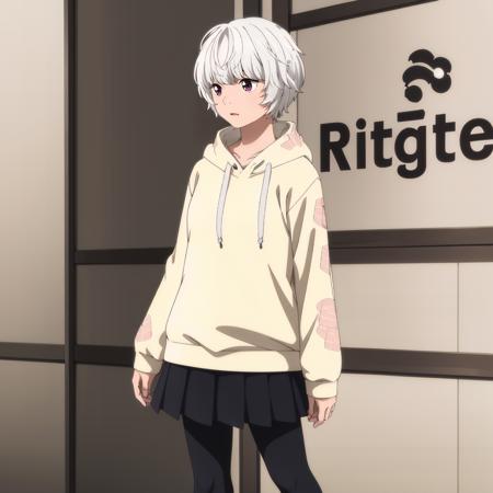 YuiShiromaru,1littlegirl, white hair, choker, apron,hoodie,short sleeves, shorts, slippers,
